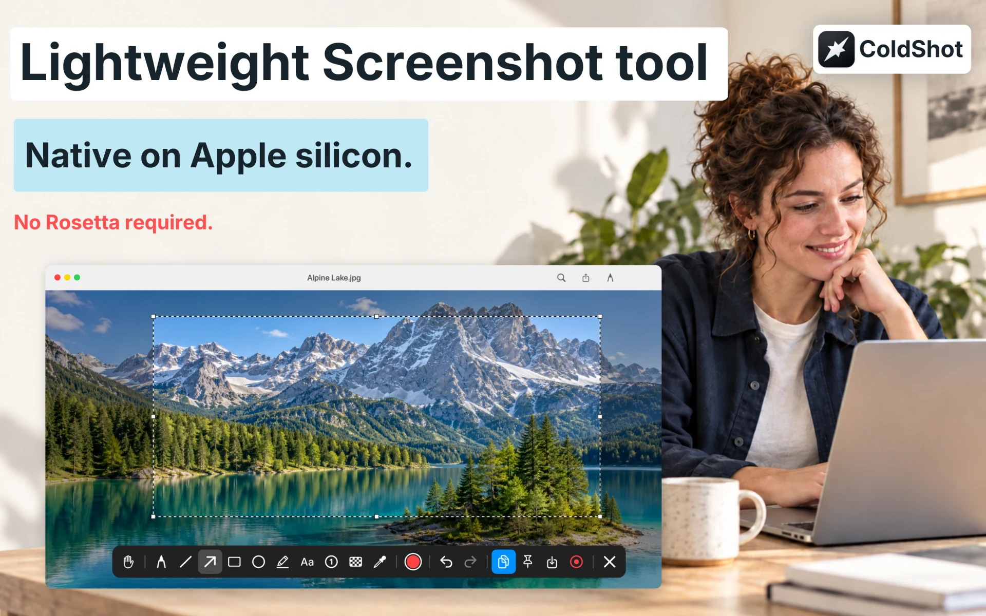 ColdShot capturing a selected area of a landscape photo on Mac, with the annotation toolbar below.
