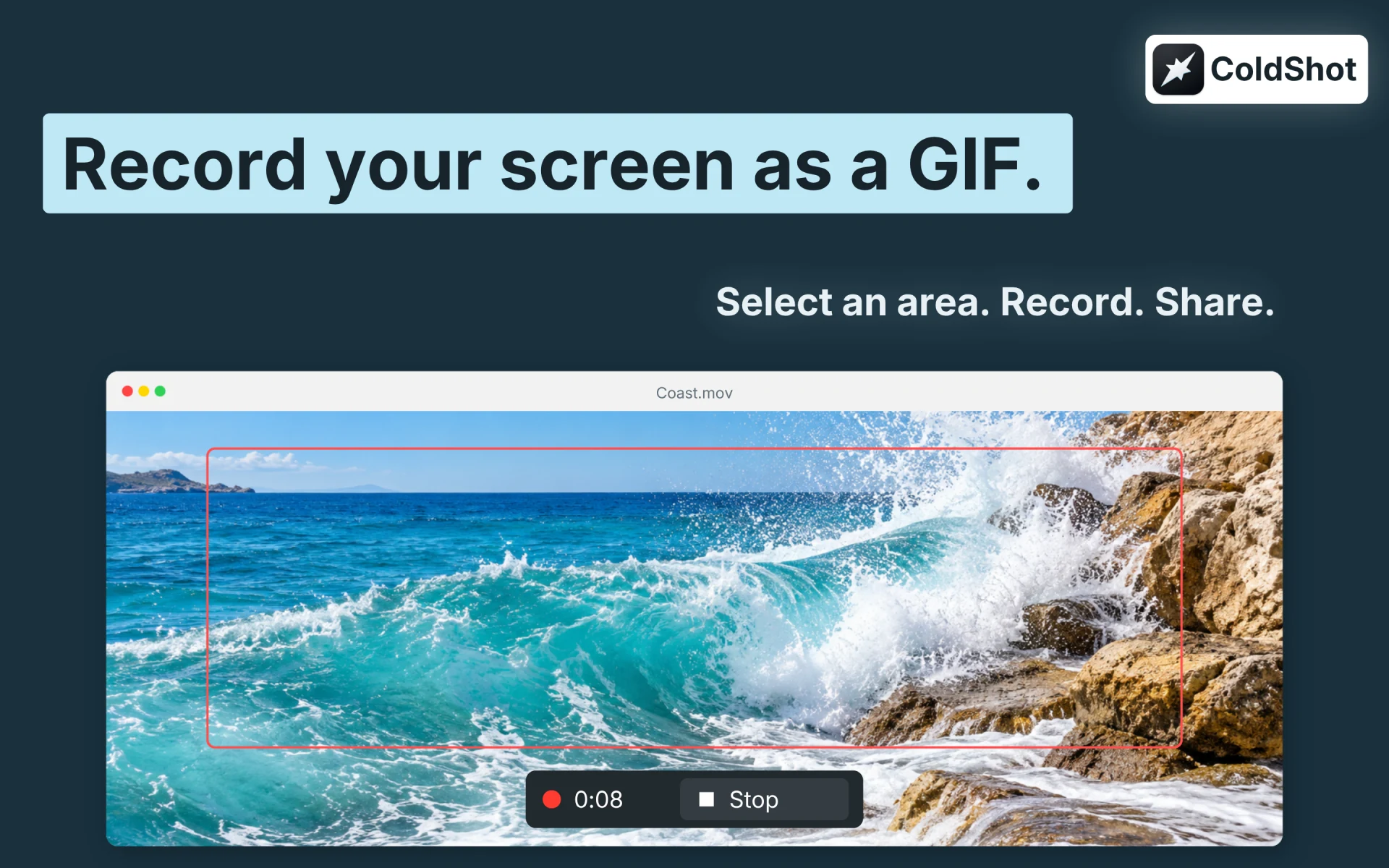 ColdShot recording a selected screen area as a GIF, with a recording timer and Stop button.